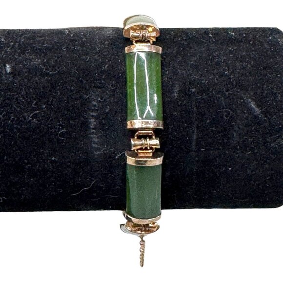 Vintage Green Jade Silver Gold Vermeil Elegant Bar Link Bracelet Luxury Jewelry - Picture 2 of 7